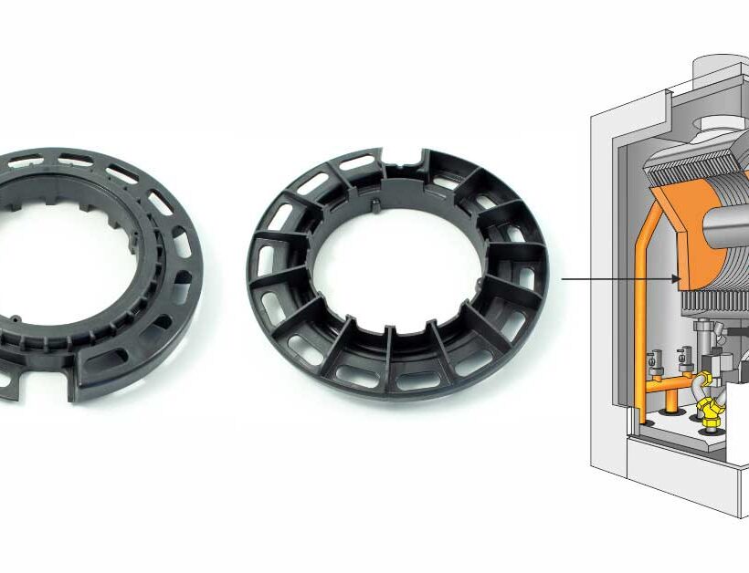 Caldaia a condensazione dotata di componenti realizzati con compound LATI resistenti al calore, alla pressione e ai fluidi aggressivi