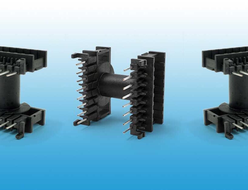 Rocchetto per ferrite ETD39 realizzato con compound LARTON G/40 Nero 3355 di LATI, materiale ad alta resistenza termica e stabilità dimensionale